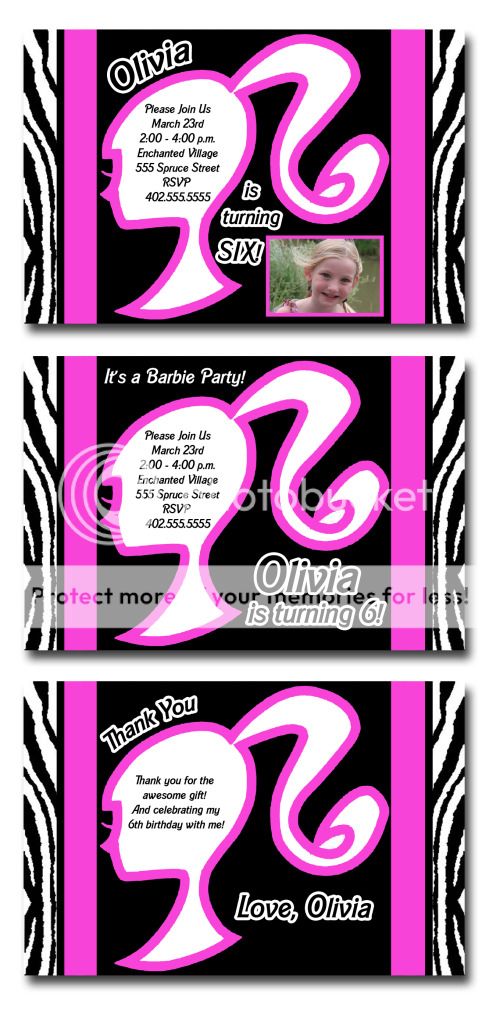 Custom Barbie Zebra Print Birthday Party Invitations  